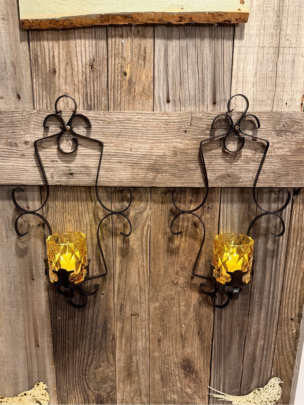 Pair of Gothic Farmhouse Black Metal Wall Sconces with Amber Glass Holders